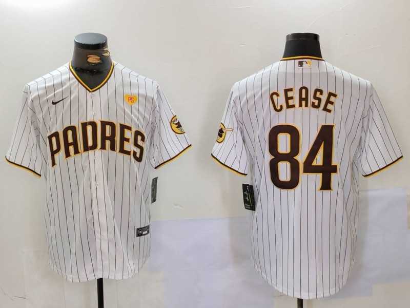 Men%27s San Diego Padres #84 Dylan Cease White Team Logo With PS Patch Stitched Cool Base Nike Jersey